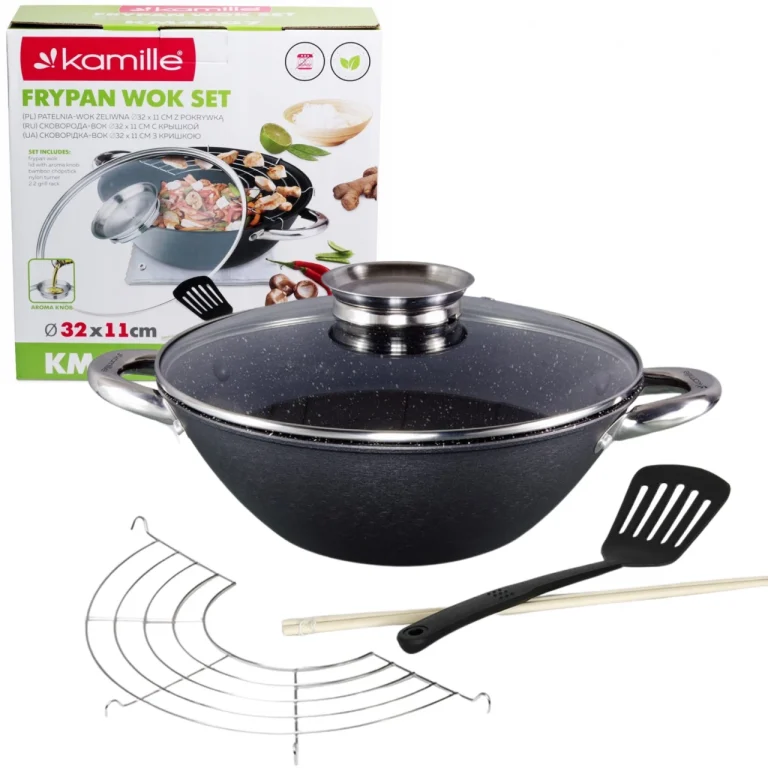 WOK ŻELIWNY PATELNIA 26cm Pokrywa GŁĘBOKA KAMILLE