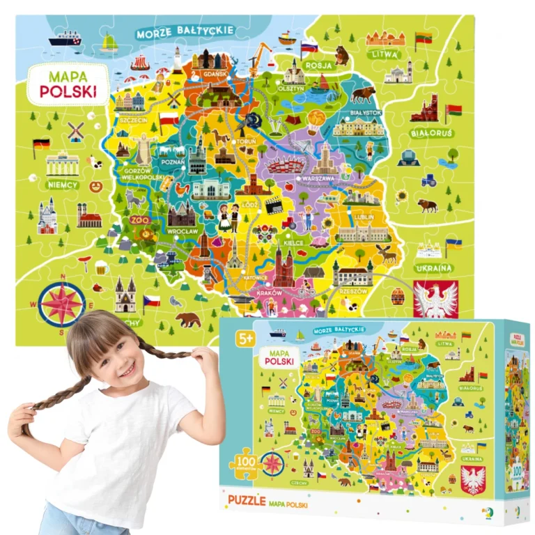 Puzzle "Mapa Polski" 100 Elementów Układanka Kolorowa Dla Małych Odkrywców