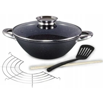 WOK ŻELIWNY PATELNIA 32cm Pokrywa GŁĘBOKA KAMILLE